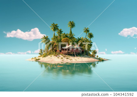 Lone small tropical island with palm trees surrounded sea blue water 104341592