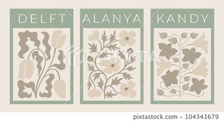Set of trendy abstract flower posters in pastel colors. Vector botanical groovy stamps, cards, wall arts. 104341679