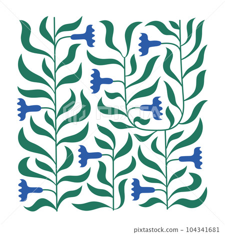 Square shape abstract foliage ornament with blue flowers. Vector banner with climbing plant. 104341681