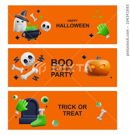 Halloween party banners or flyers set with cute 3d elements, vector illustration. Halloween party banners or flyers set with cute 3d elements, vector illustration. 104341693