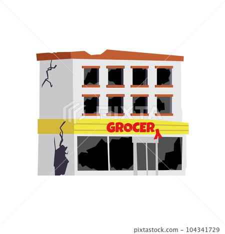 Vector isolated illustration of destroyed grocery, vandalism, consequences of hurricanes or war, abandoned city buildings Vector isolated illustration of destroyed grocery, vandalism, consequences of hurricanes or war, abandoned city buildings 104341729