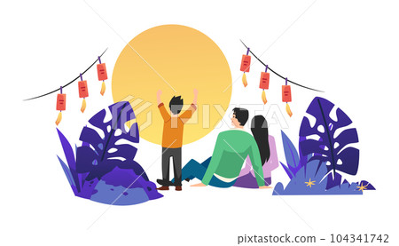 Family with child sitting on ground looking at full moon, flat vector illustration isolated on white background. 104341742