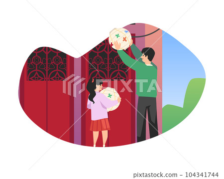 Man decorating house with paper lantern together with daughter, flat vector illustration isolated on white background. Man decorating house with paper lantern together with daughter, flat vector illustration isolated on white background. 104341744