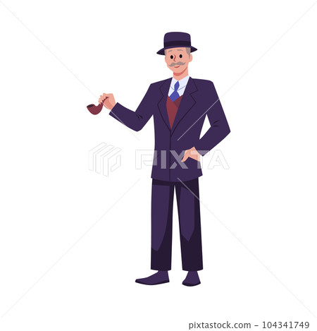 Gray-haired mustachioed Victorian man of 19th century in suit with hat holds smoking pipe, vector isolated illustration Gray-haired mustachioed Victorian man of 19th century in suit with hat holds smoking pipe, vector isolated illustration 104341749
