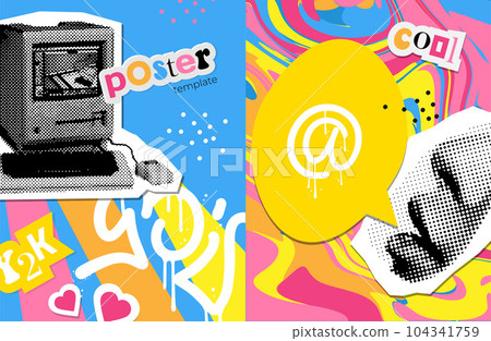 Set of posters with grunge collage elements. Retro banner template with old PC. Stylish 90s advertising design. Vector illustration. Set of posters with grunge collage elements. Retro banner template with old PC. Stylish 90s advertising design. Vector illustration. 104341759