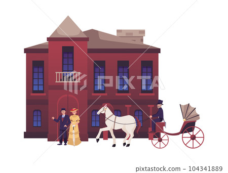Vector carriage with white horse and an aristocratic couple in elegant costumes isolated on background vintage old house Vector carriage with white horse and an aristocratic couple in elegant costumes isolated on background vintage old house 104341889