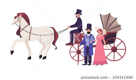 Vector carriage with white horse and aristocratic couple in elegant costumes isolated illustration on white background 104341890
