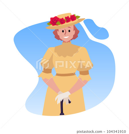 Victorian beautiful woman in hat with roses, umbrella, fashion dress, 19th century, cartoon vector isolated illustration Victorian beautiful woman in hat with roses, umbrella, fashion dress, 19th century, cartoon vector isolated illustration 104341910