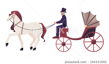 Mustachioed coachman in carriage with horse flat style 104341940