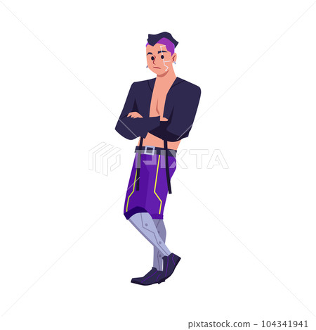 Cool man in cyberpunk style with futuristic implants, flat vector illustration isolated on white background. 104341941
