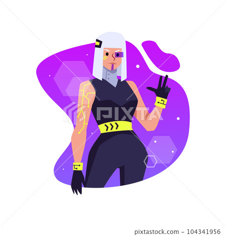 Vector isolated cartoon Cyberpunk girl from the future with cybernetic implants, head with thin facial bionic parts Vector isolated cartoon Cyberpunk girl from the future with cybernetic implants, head with thin facial bionic parts 104341956
