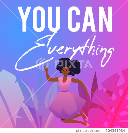 Vector Motivational poster with cute black girl in pink dress doing jump up or flying, woman feeling inspiration, freedom 104341984