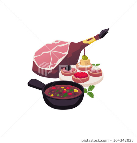 Spanish delicatessen and cuisine Jamon and appetisers, flat vector isolated. 104342023