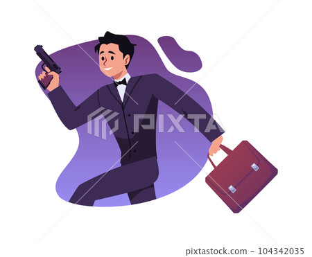 Happy man in suit running with case and weapon flat style, vector illustration 104342035