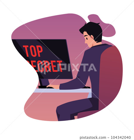 Vector isolated illustration of man in elegant suit sits at computer, checks top secret confidential data, Secret agent concept 104342040
