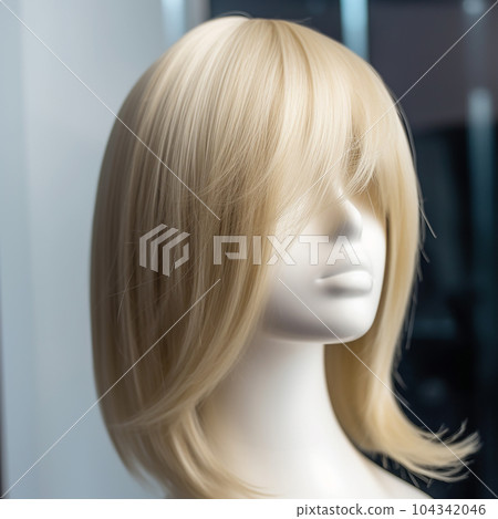 A beautiful blonde wig is put on a mannequin, close-up A beautiful blonde wig is put on a mannequin, close-up 104342046