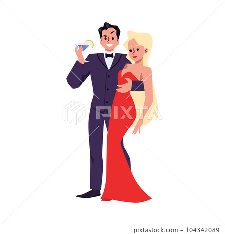Elegant man in suit with glass hugging sexy blonde woman in red dress, Cartoon vector isolated illustration of secret agents team Elegant man in suit with glass hugging sexy blonde woman in red dress, Cartoon vector isolated illustration of secret agents team 104342089