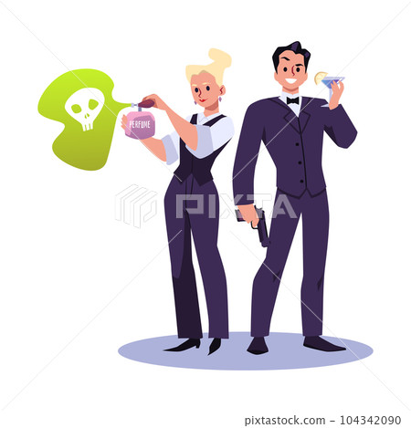 Secret agents as waiters on spy mission, flat vector illustration isolated. 104342090