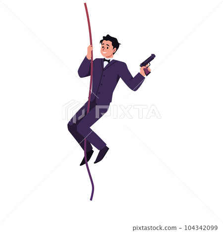 Special secret agent armed with pistol descends the rope, flat vector isolated. 104342099