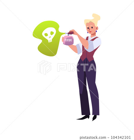 Female secret agent character spraying toxic substances flat vector isolated. 104342101