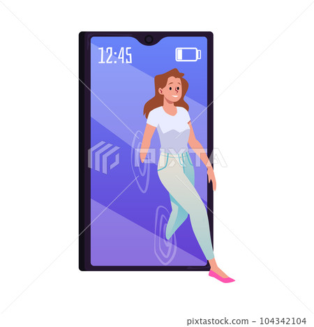 Young female character stepping out of the mobile phone huge screen, Digital detox concept vector illustration isolated Young female character stepping out of the mobile phone huge screen, Digital detox concept vector illustration isolated 104342104