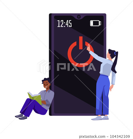 People turning off smartphone and reading book, digital detox - flat vector illustration isolated on white background. People turning off smartphone and reading book, digital detox - flat vector illustration isolated on white background. 104342109