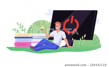 Happy boy with butterfly on palm sitting on grass flat style 104342119