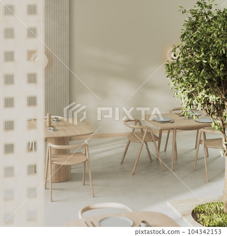 Cafe interior in light biege tones with green plants and sunlight, wooden tables and chairs, served tables, 3d render 104342153