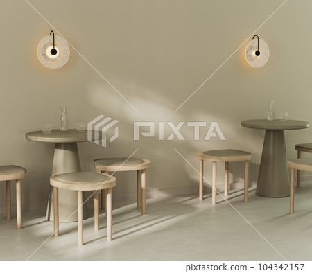 Cafe bar restaurant 3d render, empty coffee shop with tables and chairs, sunlight on wall Cafe bar restaurant 3d render, empty coffee shop with tables and chairs, sunlight on wall 104342157