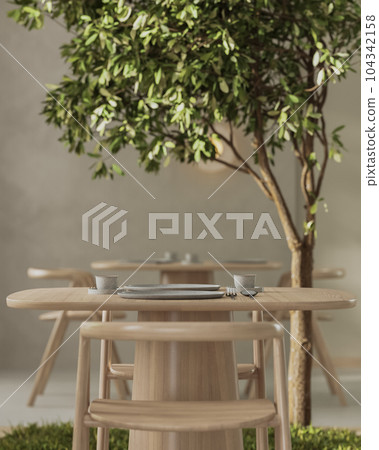 Close up of served table in modern restaurant interior, green plant on background, cafe interior concept, 3d render 104342158