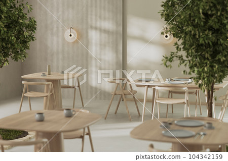 Interior of modern cafe, restaurant with wooden tables and chairs, green tree plants, sunlight on a wall, wall panel, 3d rendering 104342159
