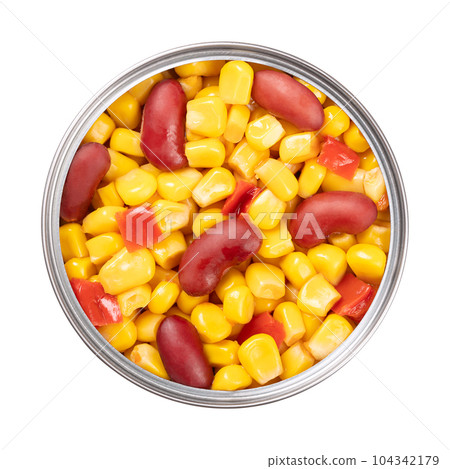 Canned Texas maize mix, corn, red kidney beans and diced bell pepper, in an open tin can. Ready to eat, as a side dish to a barbecue or picnic. Isolated, from above, close-up, over white, food photo. 104342179