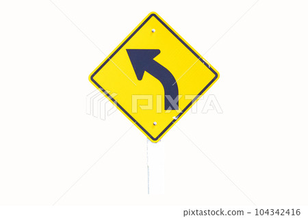 Road in mountains Signs warning of curve car left side street. Rules for road users. Drive at safe speed, please be careful. Road sign restricts freedom isolated on white background. Road in mountains Signs warning of curve car left side street. Rules for road users. Drive at safe speed, please be careful. Road sign restricts freedom isolated on white background. 104342416