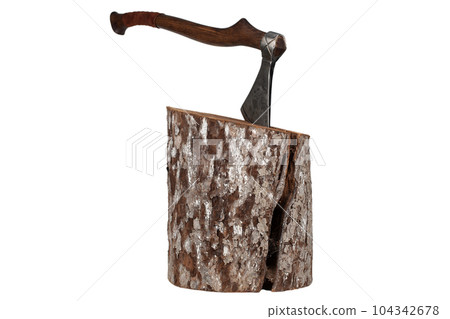 antique axe with wooden handle in wood log on white background antique axe with wooden handle in wood log on white background 104342678