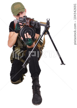 mercenary operator with RPD gun mercenary operator with RPD gun 104342691