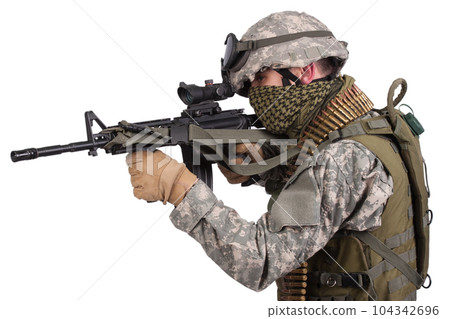 U.S. Army soldier fire carbine. U.S. Army soldier fire carbine. 104342696