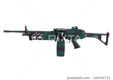 Camouflaged machine gun on white Camouflaged machine gun on white 104342712