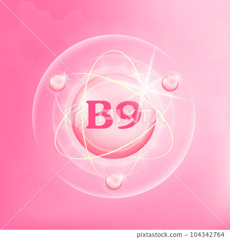Vitamin B9 icon structure light pink substance. Medicine health symbol of thiamine. Drug business concept. Vector Illustration. 3D Vitamin complex with chemical formula. Personal care, beauty concept Vitamin B9 icon structure light pink substance. Medicine health symbol of thiamine. Drug business concept. Vector Illustration. 3D Vitamin complex with chemical formula. Personal care, beauty concept 104342764