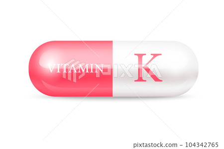 Capsule vitamin K (Thiamine) structure pink red, white. 3D Vitamin complex with chemical formula. Drug business concept. Personal care, beauty concept. Vector Illustration. transparent capsule pill. Capsule vitamin K (Thiamine) structure pink red, white. 3D Vitamin complex with chemical formula. Drug business concept. Personal care, beauty concept. Vector Illustration. transparent capsule pill. 104342765