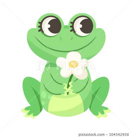 Cute Green Leaping Frog Character Sitting with Flower Vector Illustration Cute Green Leaping Frog Character Sitting with Flower Vector Illustration 104342938