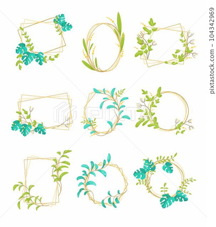 Botanical Gold Frame with Green Branches Vector Set 104342969