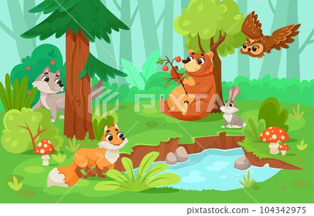 Cute Forest Animals in Wild Nature Among Green Tree and Bush Vector Illustration 104342975