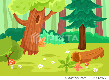 Forest Green Scene with Tree, Grass and Log Vector Illustration 104342977