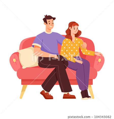 Young Man and Woman Couple Sitting on Sofa Vector Illustration 104343082