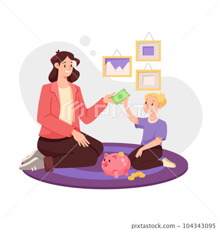 Financial Literacy with Mom and Boy Saving Money in Piggy Bank Vector Illustration 104343095