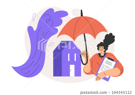 Property Insurance with Happy Woman Character and House Under Umbrella Vector Illustration Property Insurance with Happy Woman Character and House Under Umbrella Vector Illustration 104343112