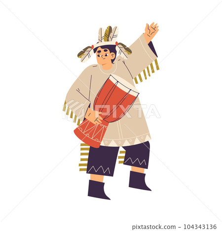 Funny Boy Beat Drum Playing Indian Dressed in Injun Costume with Feather Vector Illustration 104343136