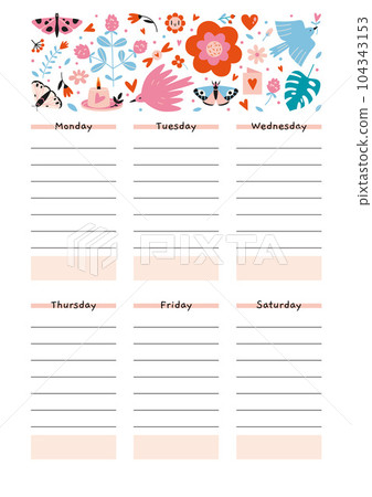 Cute weekly schedule for 6 days. Template with spring vibe, birds, butterflies, flowers, cartoon style. Printable A4 paper. Trendy modern vector illustration, hand drawn, flat Cute weekly schedule for 6 days. Template with spring vibe, birds, butterflies, flowers, cartoon style. Printable A4 paper. Trendy modern vector illustration, hand drawn, flat 104343153