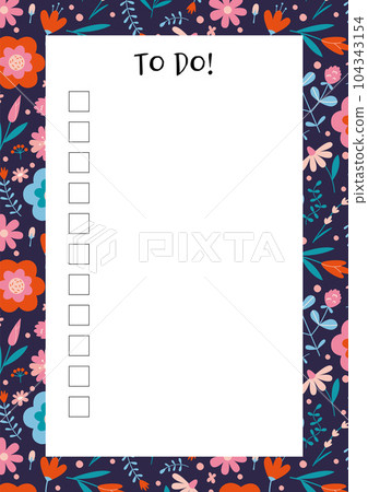 Cute to do list template, with spring vibe and flower pattern, cartoon style. Printable A4 paper for bullet journal page. Trendy modern vector illustration, hand drawn, flat Cute to do list template, with spring vibe and flower pattern, cartoon style. Printable A4 paper for bullet journal page. Trendy modern vector illustration, hand drawn, flat 104343154