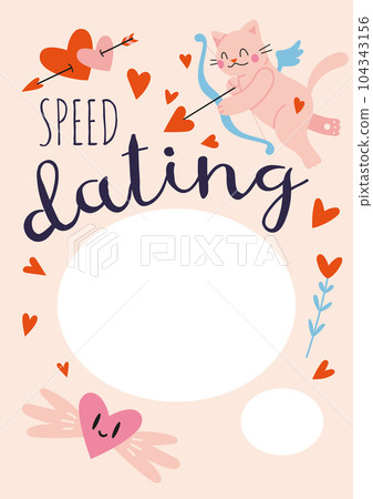 Speed dating invitation poster Template with Cupid cat and hearts, cartoon style. Trendy modern vector illustration, hand drawn, flat Speed dating invitation poster Template with Cupid cat and hearts, cartoon style. Trendy modern vector illustration, hand drawn, flat 104343156